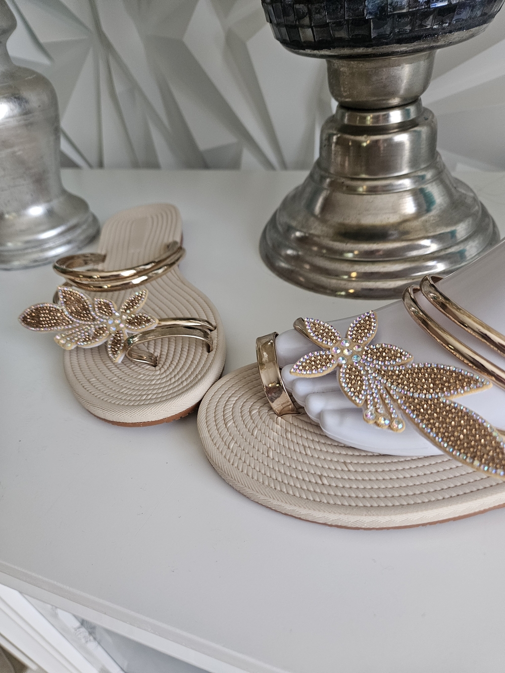 Gold Floral Toe-Post Sandals for Women
